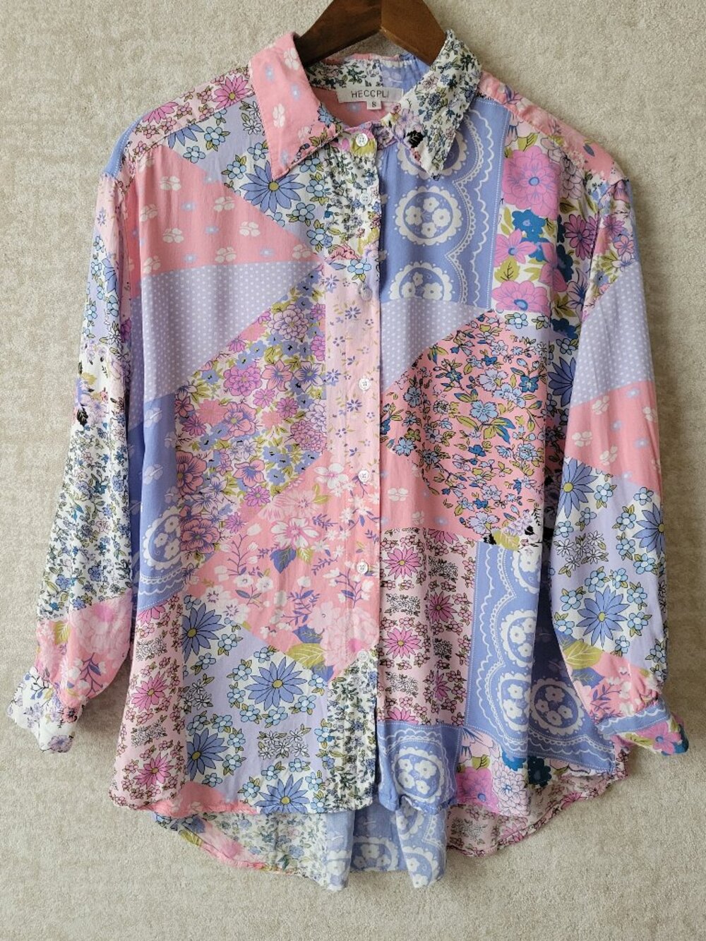 HECCPLI Pastel Patchwork Floral Button Blouse Boho Cottagecore Small Shabby Chic